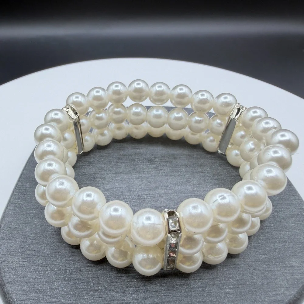 Three Strand Faux Pearl Rhinestone Stretch Bracelet Cuff Cream Statement Jewelry